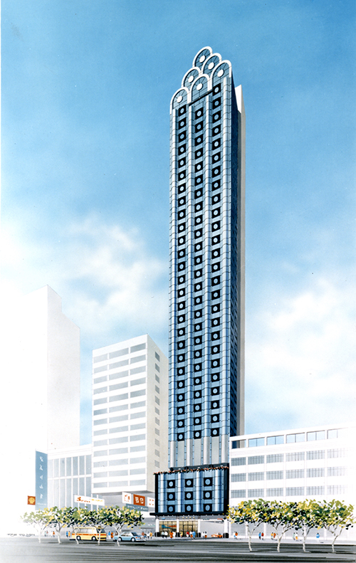 Architectural rendering of Cheuk Nang Plaza, a slim tower with a stepped crown, on Hennessy Road in Wan Chai