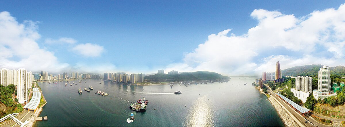 The view from One Kowloon Peak over Rambler Channel towards Tsing Ma Bridge